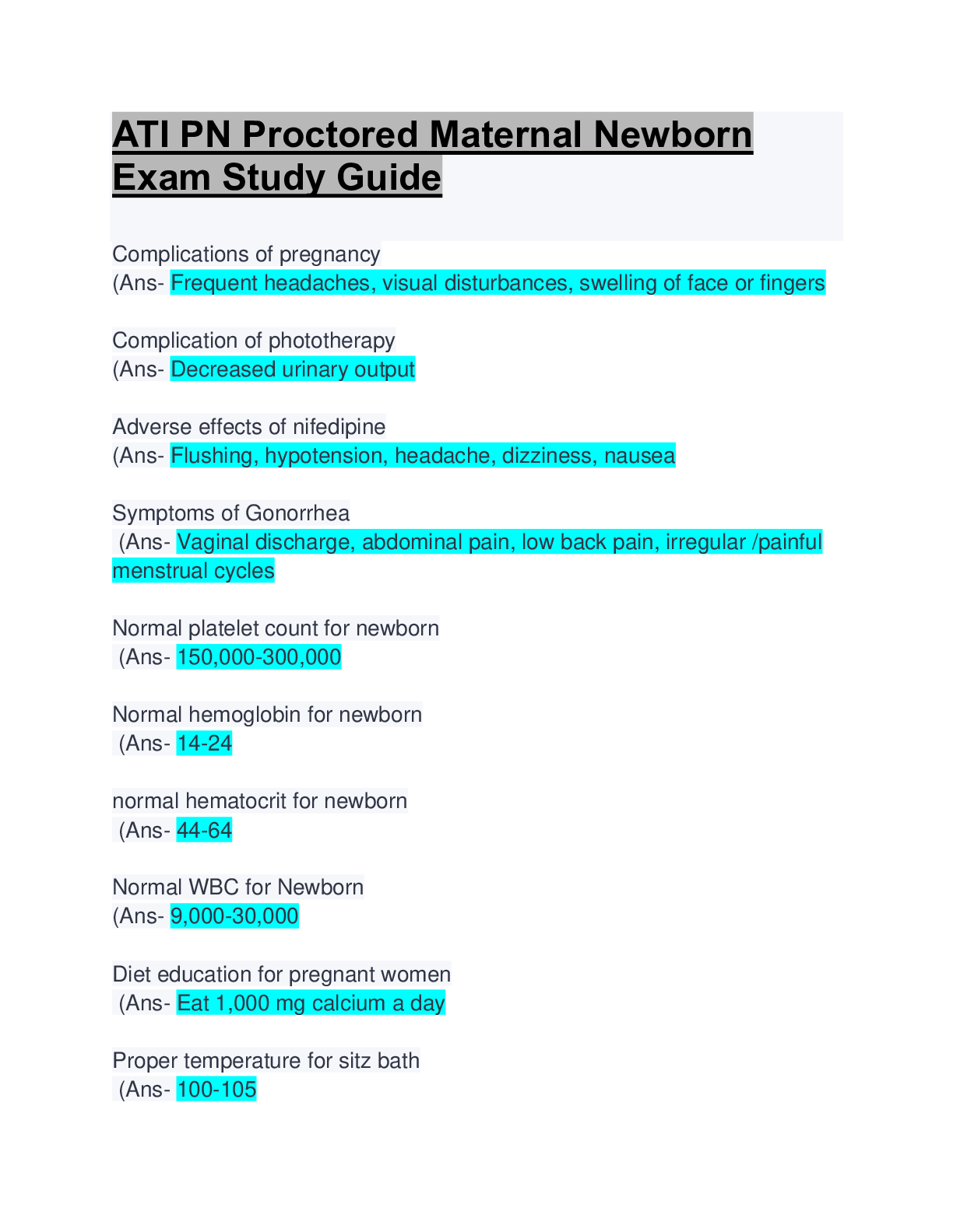 Preview of ATI PN Proctored Maternal Newborn Exam Study Guide: Questions & Answers: Latest Updated